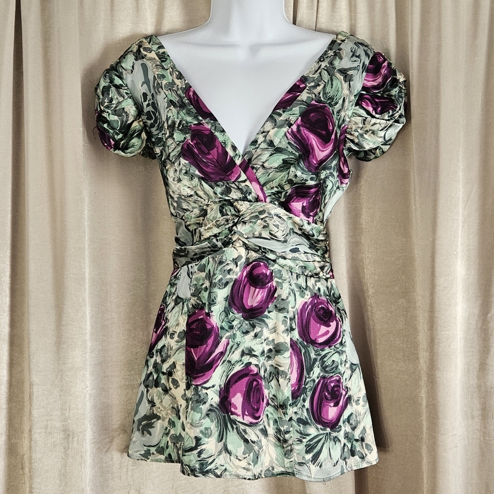 Nanette Lepore green white purple floral silk blouse top Womens 8 - Picture 4 of 7